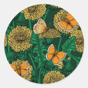 Dandelion meadow on dark green classic round sticker