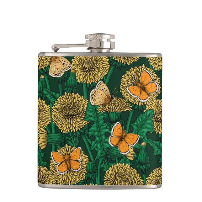 Dandelion meadow on dark green hip flask (Front)