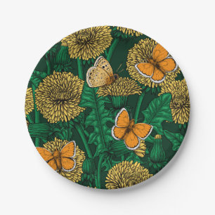 Dandelion meadow on dark green paper plate