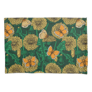 Dandelion meadow on dark green pillowcase