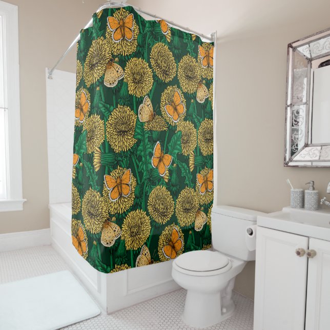 Dandelion meadow on dark green shower curtain (In Situ)