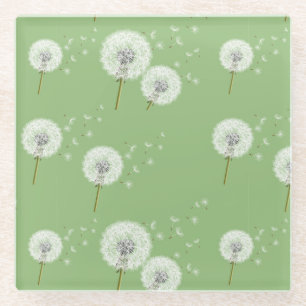 Dandelion Pattern on Green Background Glass Coaster