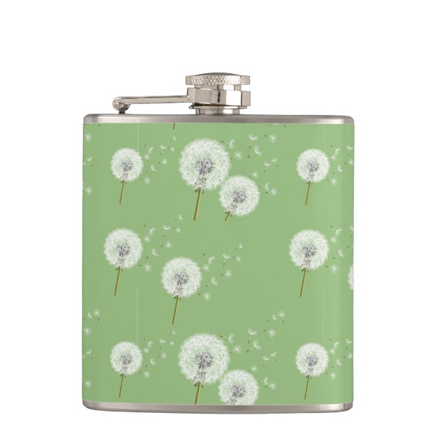 Dandelion Pattern on Green Background Hip Flask (Front)