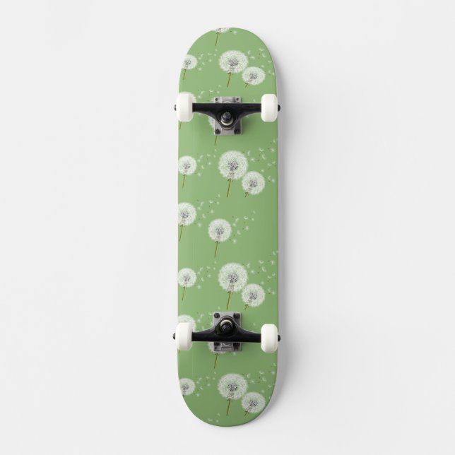 Dandelion Pattern on Green Background Skateboard (Front)