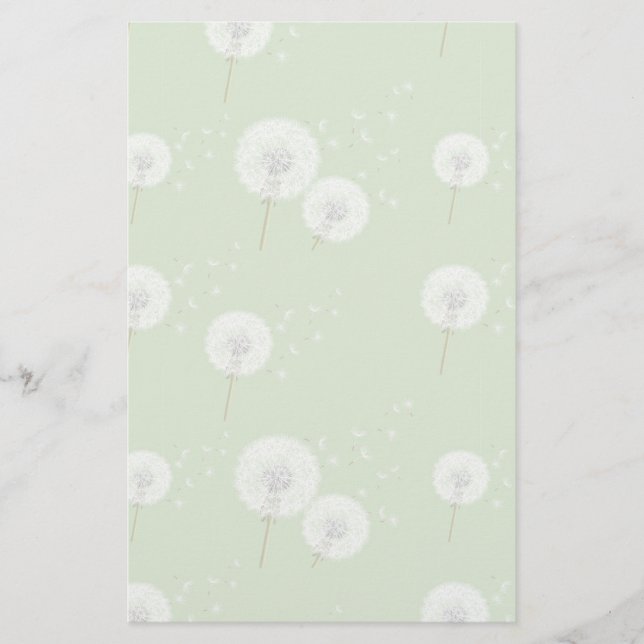 Dandelion Pattern on Green Background Stationery (Front)