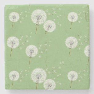Dandelion Pattern on Green Background Stone Coaster