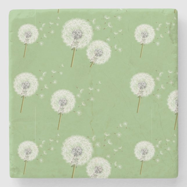 Dandelion Pattern on Green Background Stone Coaster (Front)