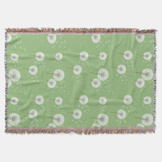 Dandelion Pattern on Green Background Throw Blanket (Front)
