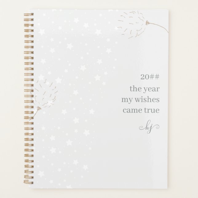 Dandelion Puffs and Stars Grey White Monogrammed Planner (Front)