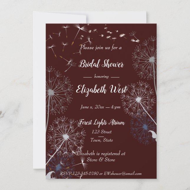 Dandelion Puffs Burgundy Bridal Shower Invitation (Front)