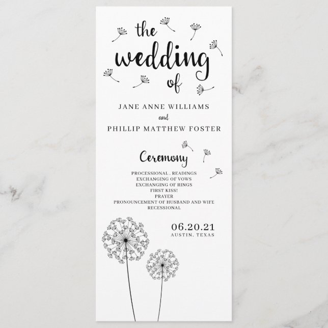 Dandelion Rustic Wedding Program Programme (Front)