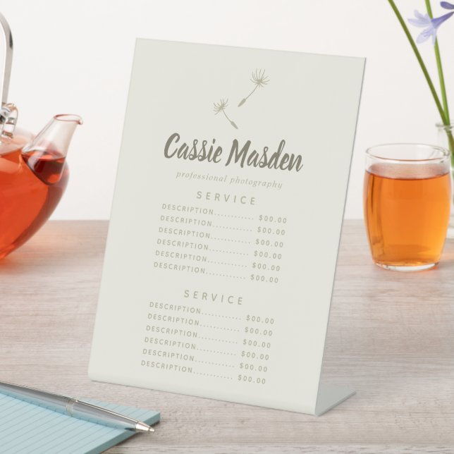 Dandelion Seed Rustic Botanical Service Price Menu Pedestal Sign (In SItu)