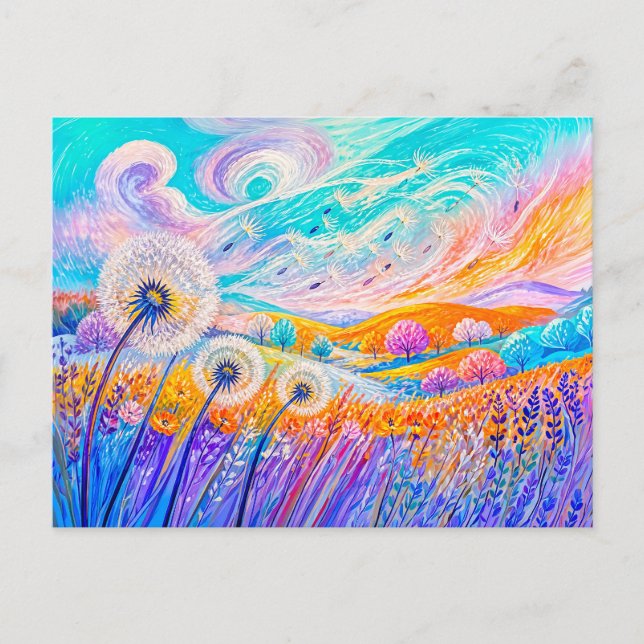 Dandelion seeds drifting in gentle wind postcard (Front)