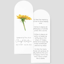 Dandelion | Simple Funeral Memorial Bookmark