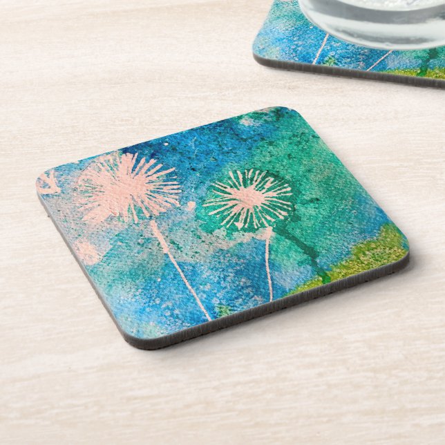 Dandelion watercolor abstract blue and green coaster (Left Side)