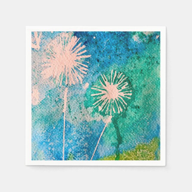 Dandelion watercolor abstract blue and green napkin (Front)