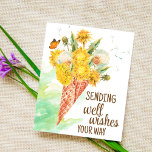 Dandelion well wishes postcard<br><div class="desc">Dandelion well wishes thinking of you postcard template. Bunch of blooming dandelions,  dandelion puffballs,  a little butterfly in an ice cream waffle  cone.</div>