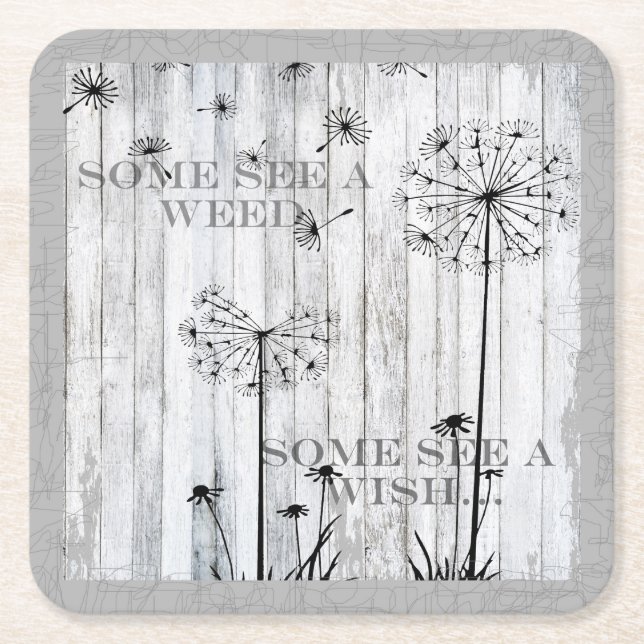 Dandelion Wishes Dreamy Grey Quote Square Paper Coaster (Front)
