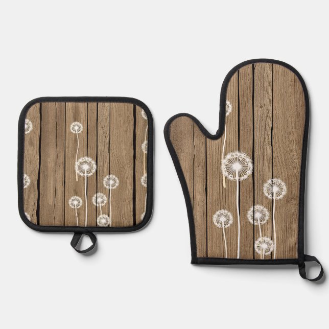 Dandelion Wood Rustic Pattern Oven Mitt & Pot Holder Set (Front)