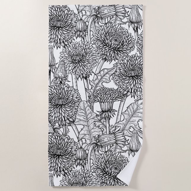 Dandelions, black and white beach towel (Front)