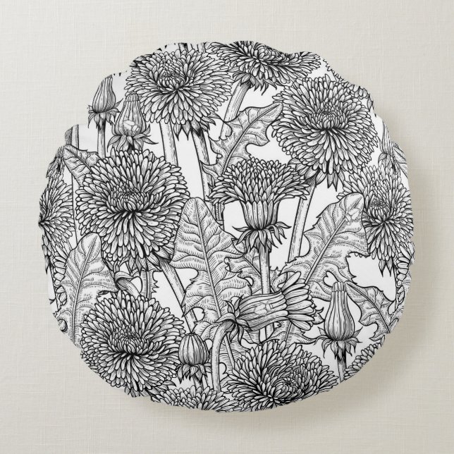Dandelions, black and white round cushion (Front)
