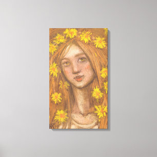 Dandelions Bloom, Blonde Girl Flowers Art Painting Canvas Print