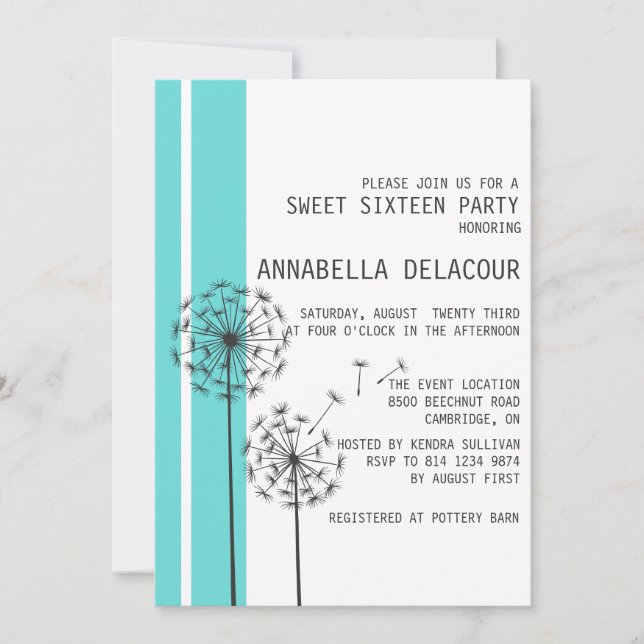Dandelions Blue Sweet Sixteen Invitation (Front)