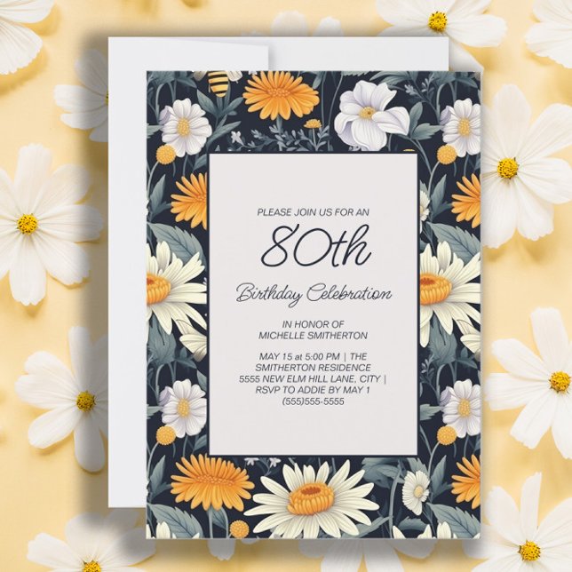 Dandelions Daisies Navy Blue Adult 80th Birthday Invitation (Dandelions and daisies 80th birthday party invitation for women)