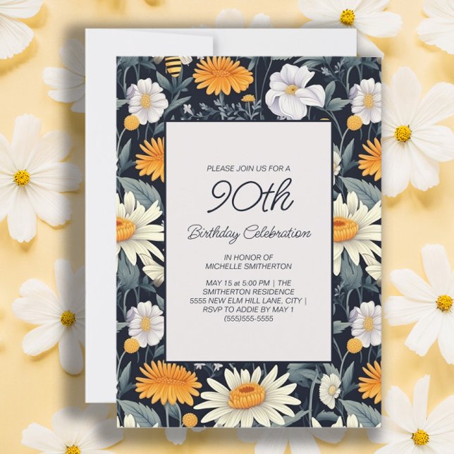 Dandelions Daisies Navy Blue Adult 90th Birthday Invitation (Dandelions and daisies women's 90th birthday party invitation)