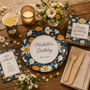 Dandelions Daisies Navy Blue Birthday Name Date Paper Plate
