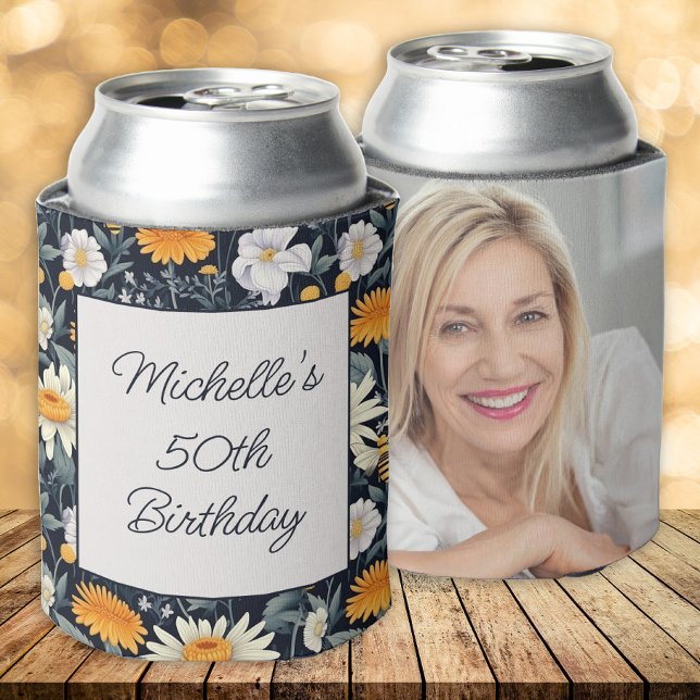 Dandelions Daisies Navy Blue Birthday Name Photo  Can Cooler (Yellow dandelions and white daisies birthday party photo can cooler)
