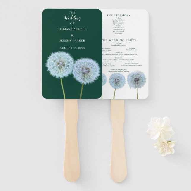 Dandelions, Dandelion Clocks Green Wedding Program Hand Fan (Front and Back)