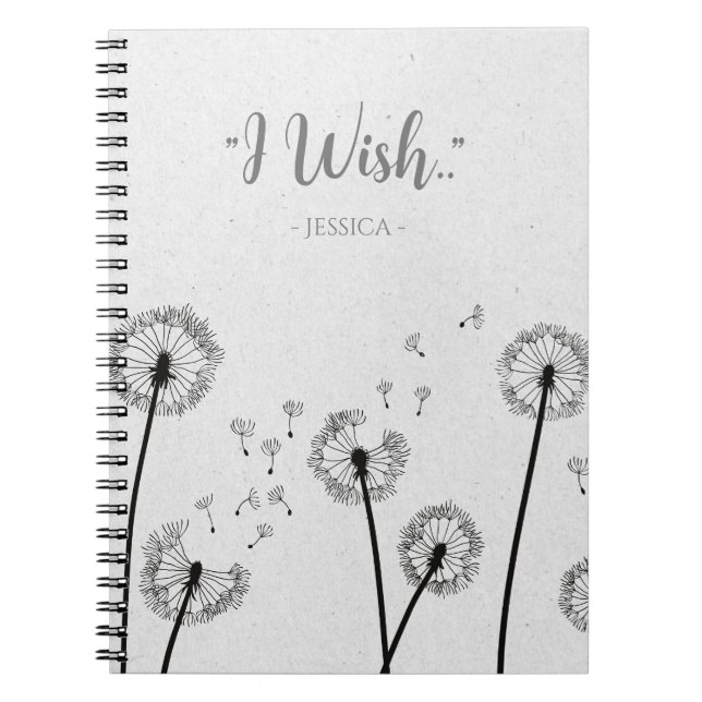 Dandelions Flowers Spores Grey Personalised Wish Notebook (Front)
