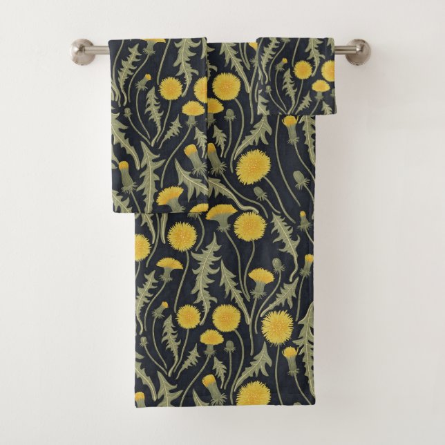 Dandelions, green, yellow and black bath towel set (Insitu)