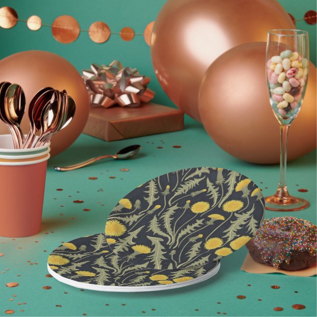 Dandelions, green, yellow and black paper plate (Multi)