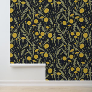 Dandelions, green, yellow and black wallpaper