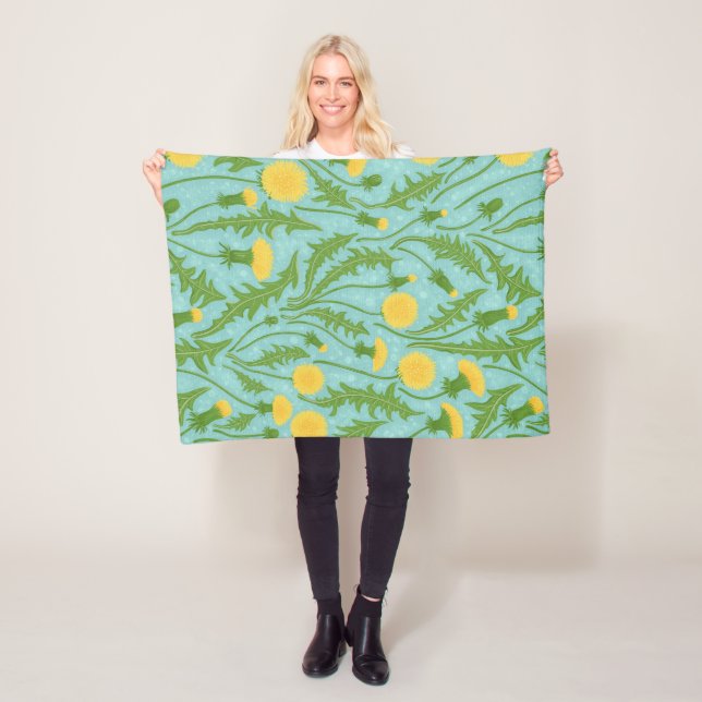 Dandelions, green, yellow and blue fleece blanket (In Situ)