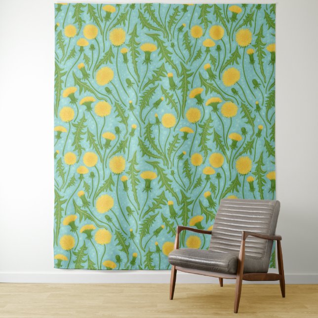 Dandelions, green, yellow and blue tapestry (In Situ)