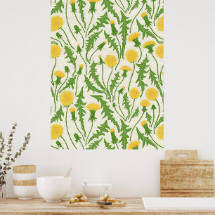 Dandelions, green, yellow and white poster