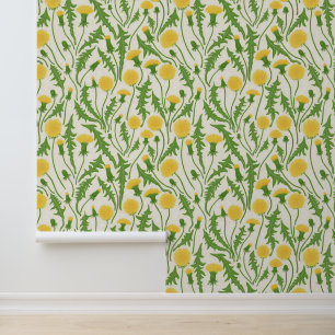 Dandelions, green, yellow and white wallpaper