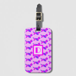 Dandie Dinmont Dog Lover Pink & Blue Monogram Luggage Tag