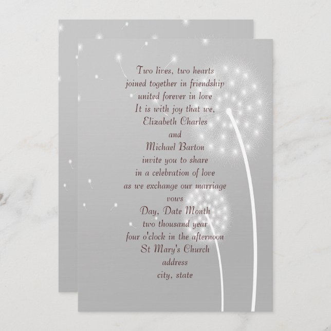 Dandilion Puffs, Grey, Stylish, Wedding Invitation (Front/Back)