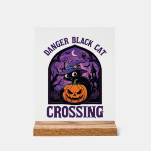 Danger Black Cat Crossing Halloween Pumpkin Witch  Acrylic Sign