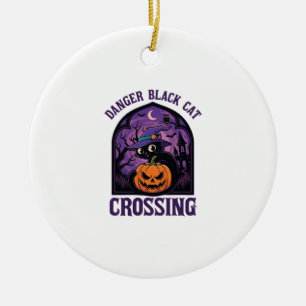 Danger Black Cat Crossing Halloween Pumpkin Witch Ceramic Tree Decoration