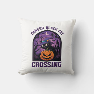 Danger Black Cat Crossing Halloween Pumpkin Witch Cushion