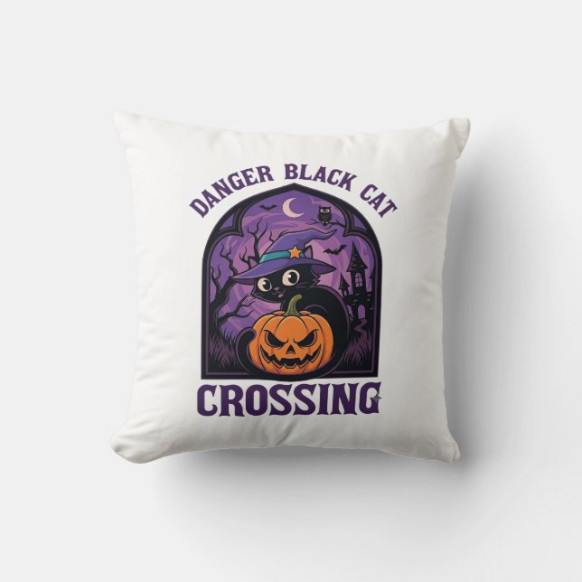 Danger Black Cat Crossing Halloween Pumpkin Witch  Cushion (Front)