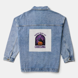 Danger Black Cat Crossing Halloween Pumpkin Witch Denim Jacket