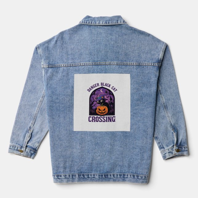 Danger Black Cat Crossing Halloween Pumpkin Witch  Denim Jacket (Back)