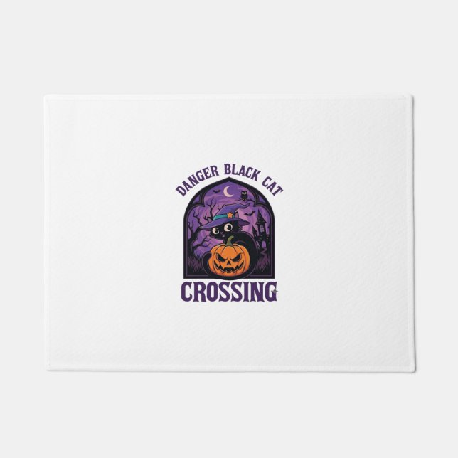 Danger Black Cat Crossing Halloween Pumpkin Witch  Doormat (Front)