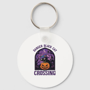 Danger Black Cat Crossing Halloween Pumpkin Witch  Key Ring